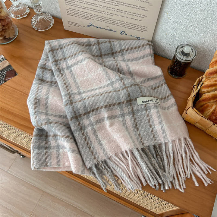 Unisex Winter Warm Tassel Plaid Oversized Scarf