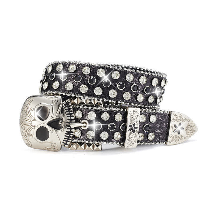 Streetwear Skull Buckle Rhinestone Studded Leather Belt