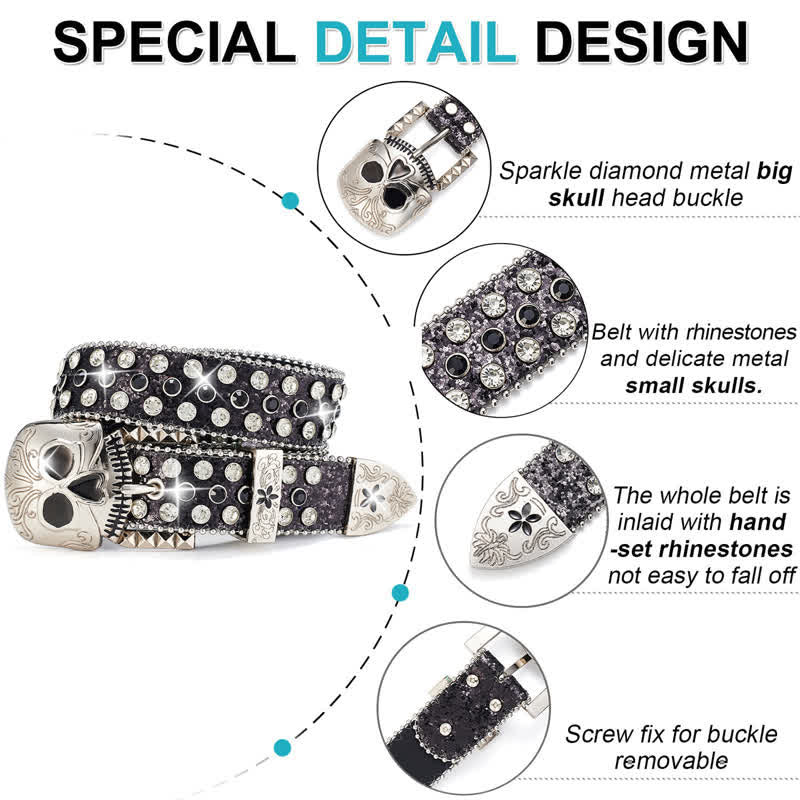 Streetwear Skull Buckle Rhinestone Studded Leather Belt