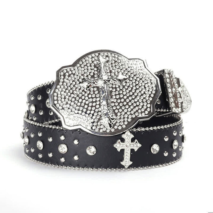 Shinning Cross Buckle Rhinestone Studded Leather Belt