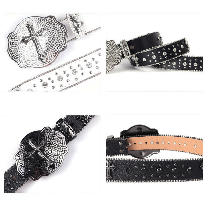 Shinning Cross Buckle Rhinestone Studded Leather Belt