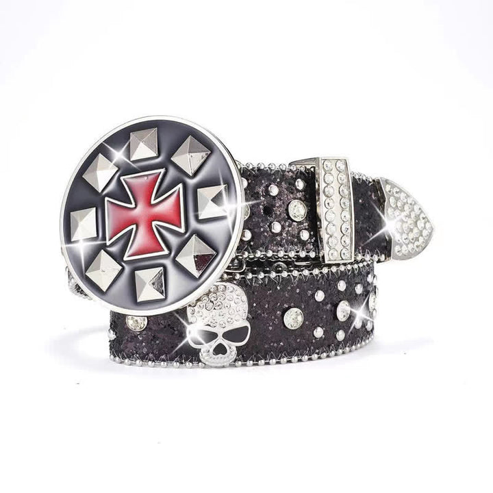 Vintage Cross Buckle Rhinestone Skull Studded Leather Belt