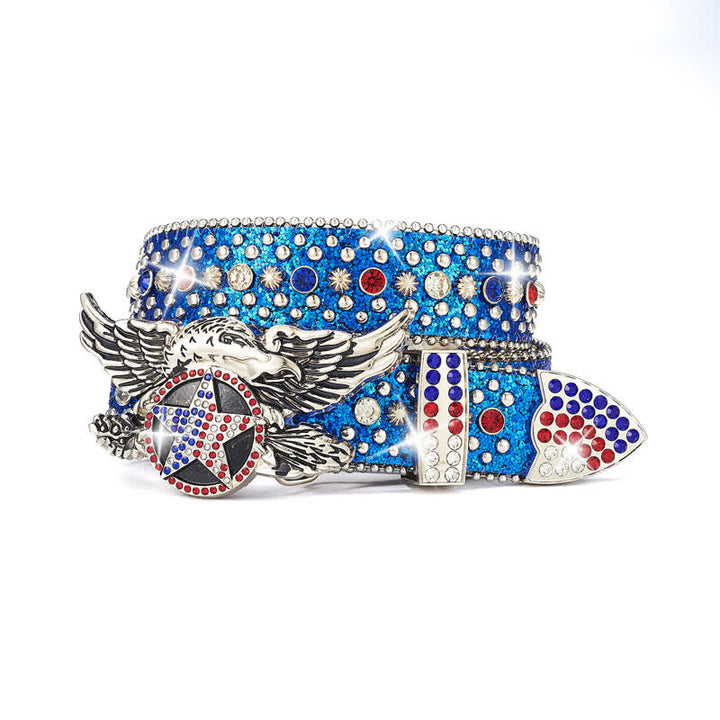 Eagle Buckle Red & Blue Star Sequin Rivets Leather Belt