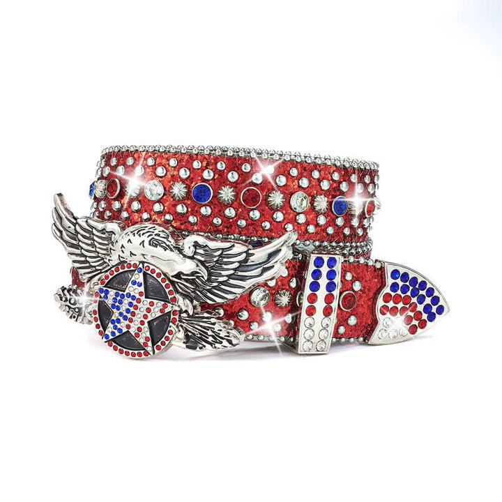 Eagle Buckle Red & Blue Star Sequin Rivets Leather Belt