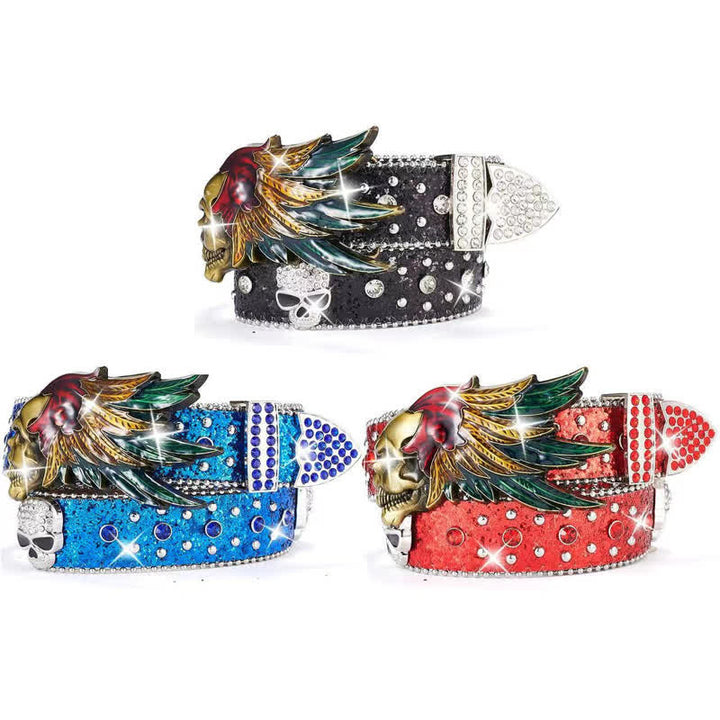 Indian Feather Skull Head Sequin Rivets Leather Belt