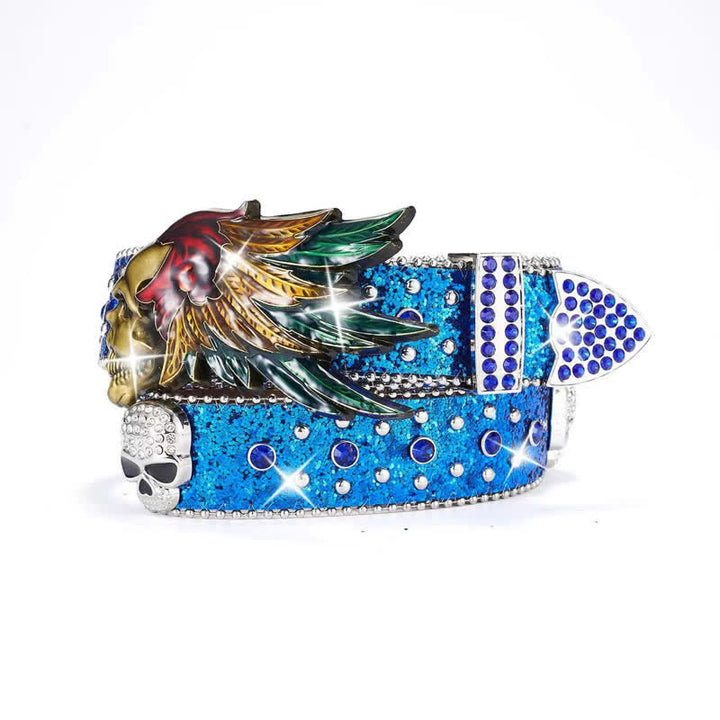 Indian Feather Skull Head Sequin Rivets Leather Belt