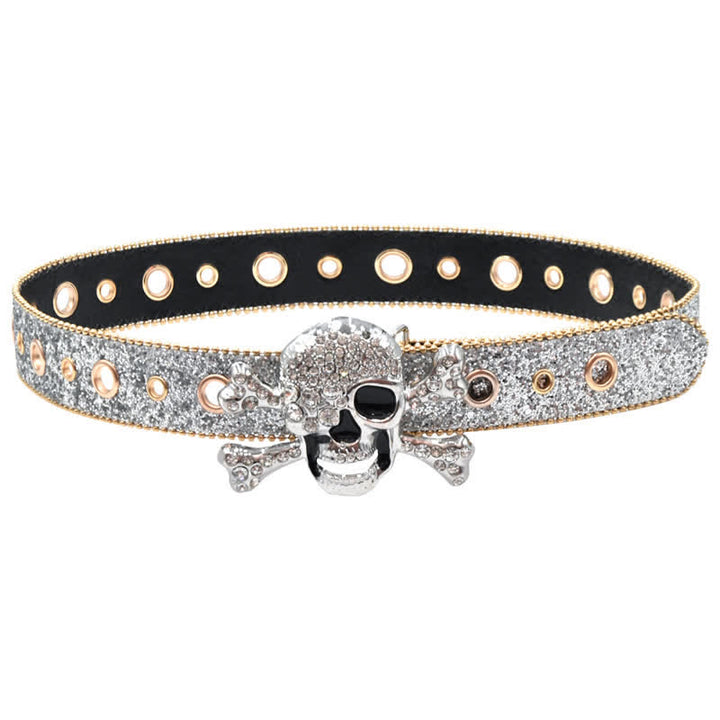 Skull Head Buckle Gold Bead Brim Sequin Leather Belt