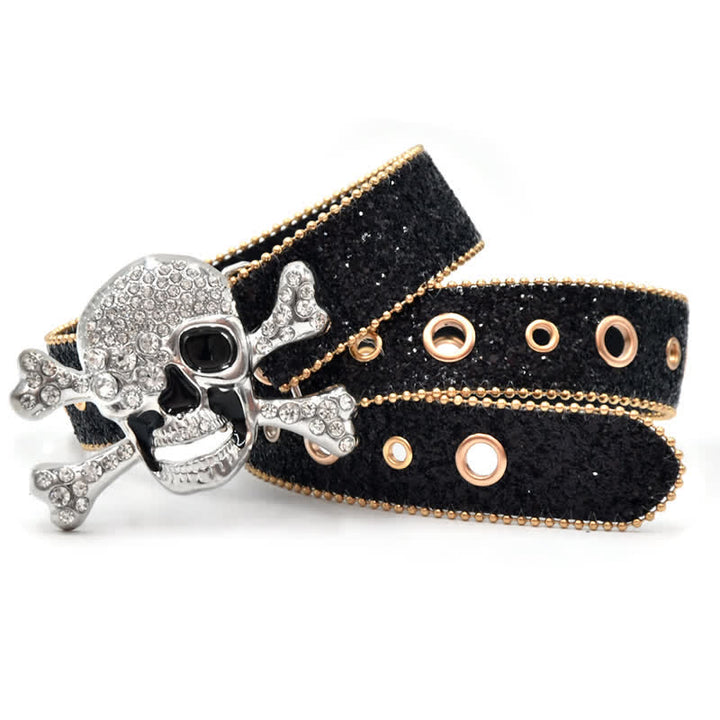 Skull Head Buckle Gold Bead Brim Sequin Leather Belt