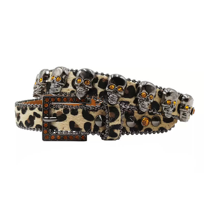 Fancy Gothic Skull Head Rivets Leopard Print Leather Belt