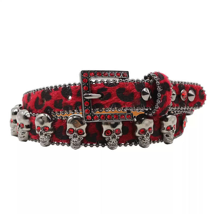 Fancy Gothic Skull Head Rivets Leopard Print Leather Belt