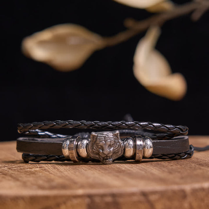 Fashion Skull Animal Head Poker Black Leather Bracelet