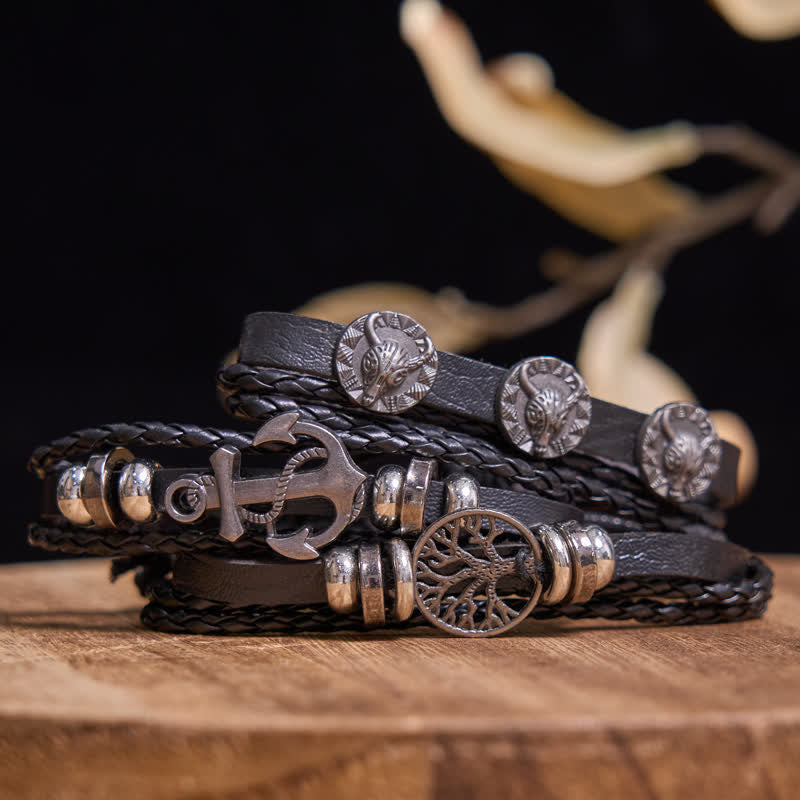 Fashion Skull Animal Head Poker Black Leather Bracelet