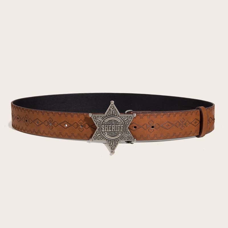 Brown Textured Hexagonal Star Buckle Leather Belt