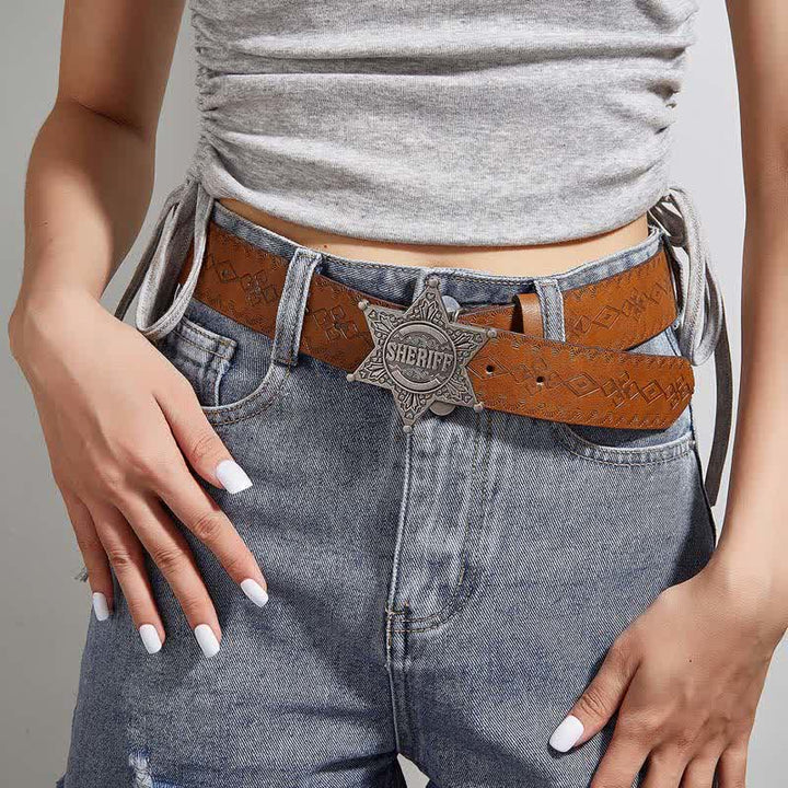 Brown Textured Hexagonal Star Buckle Leather Belt