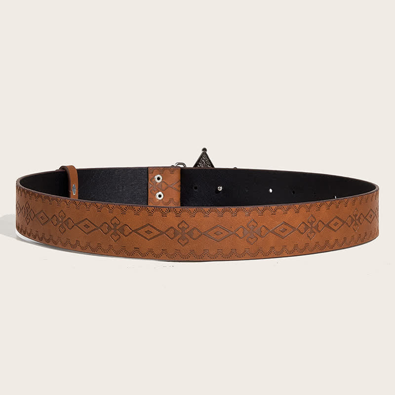 Brown Textured Hexagonal Star Buckle Leather Belt