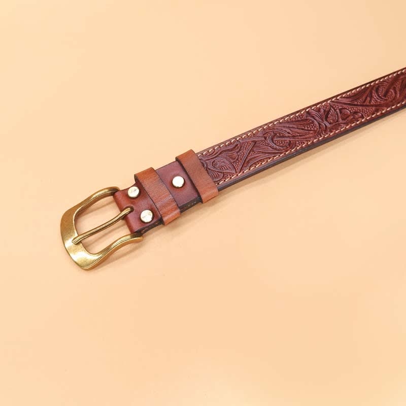 Classic Western Floral Design Embossed Leather Belt