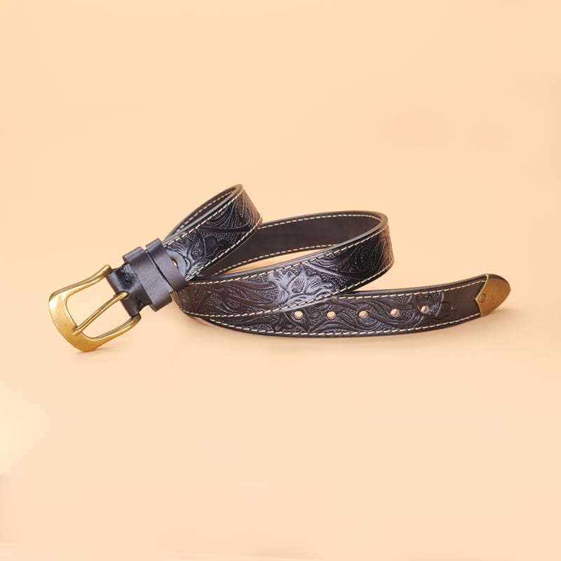 Classic Western Floral Design Embossed Leather Belt