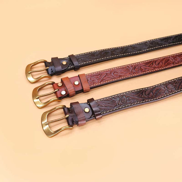 Classic Western Floral Design Embossed Leather Belt