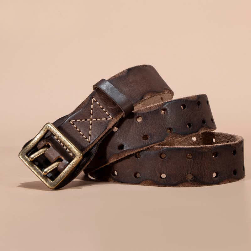 Timeless Square Buckle Double Prong Cowhide Leather Belt - Coffee - 44 - image 0