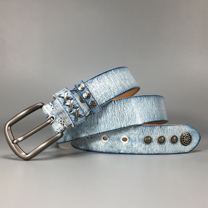 Retro Old White Rubbed Blue Silver Rivets Leather Belt