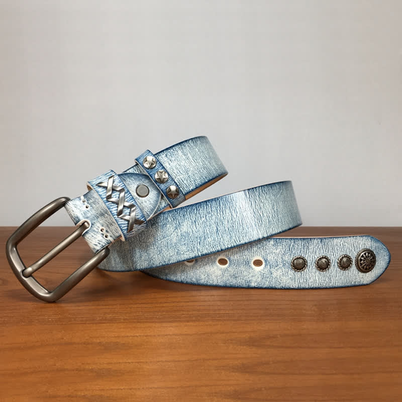 Retro Old White Rubbed Blue Silver Rivets Leather Belt