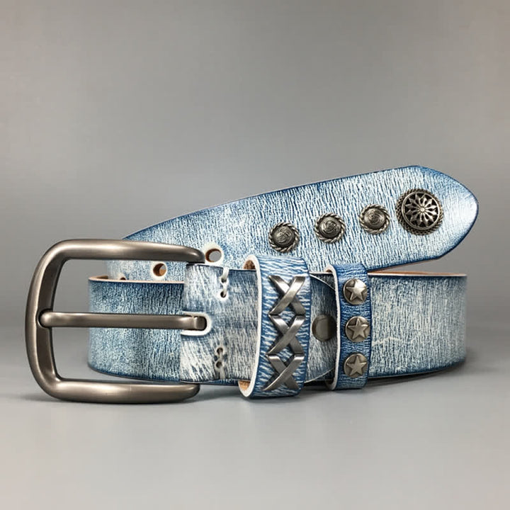 Retro Old White Rubbed Blue Silver Rivets Leather Belt