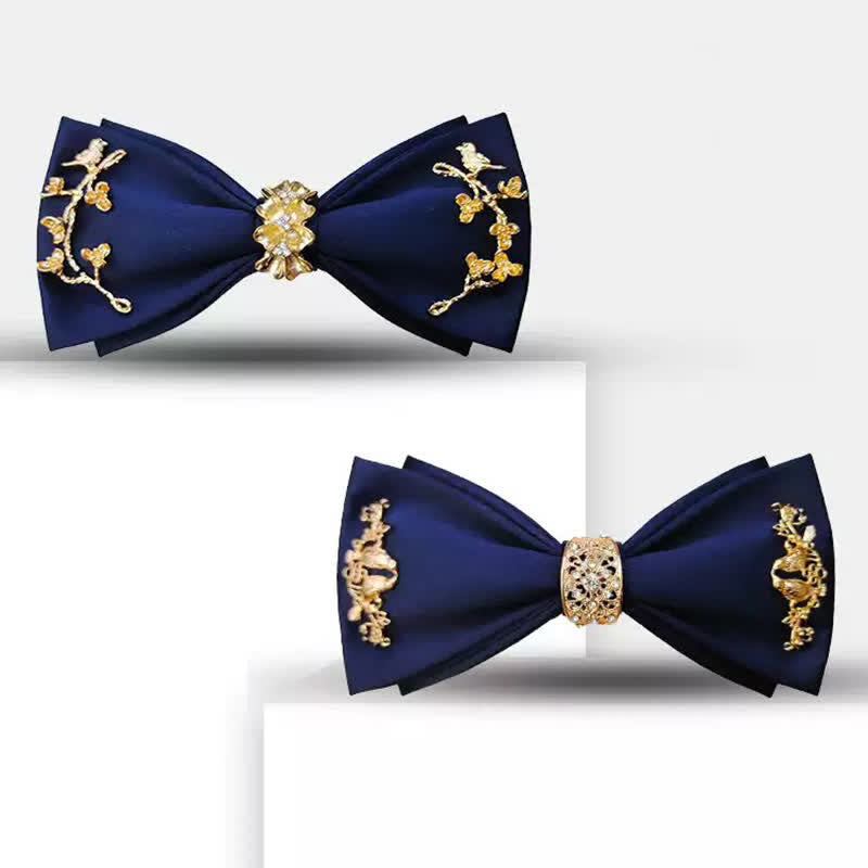 Men's Gold Metal Branches Bird Double Layers Bow Tie