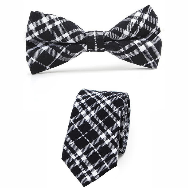 Men's Trendy Plaid Pattern Bow Tie Handkerchief Necktie