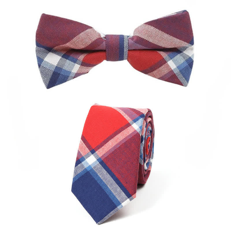 Men's Trendy Plaid Pattern Bow Tie Handkerchief Necktie