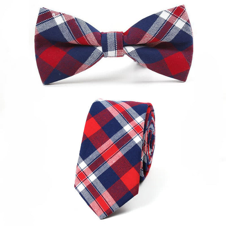 Men's Trendy Plaid Pattern Bow Tie Handkerchief Necktie