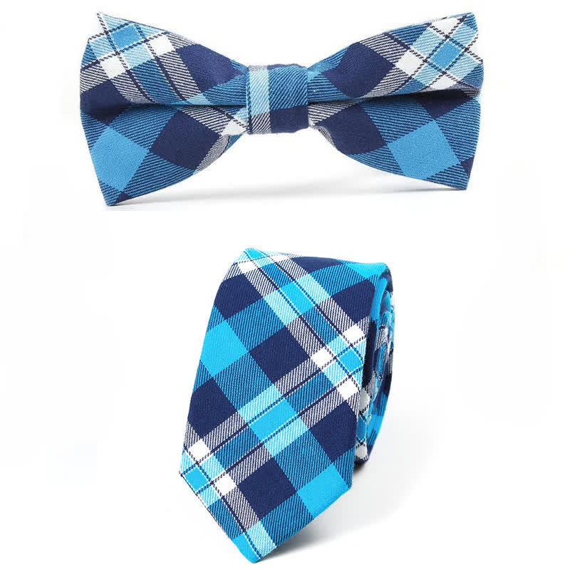 Men's Trendy Plaid Pattern Bow Tie Handkerchief Necktie