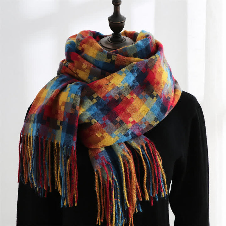 Unisex Multicoloured Jigsaw Shaped Fringe Soft Scarf