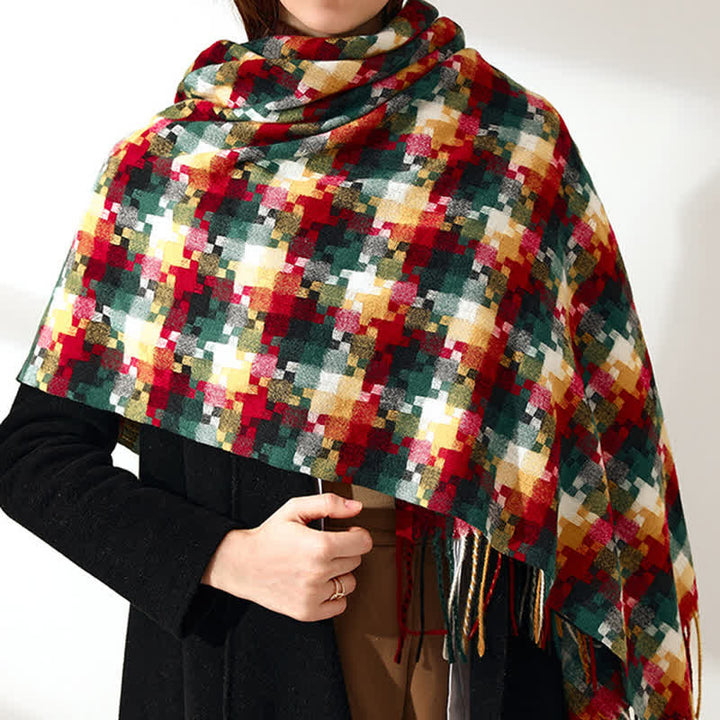 Unisex Multicoloured Jigsaw Shaped Fringe Soft Scarf