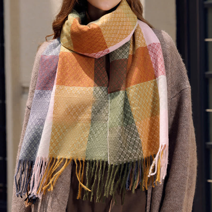 Unisex Contrasting Colors Checked Elegant Fringe Scarf