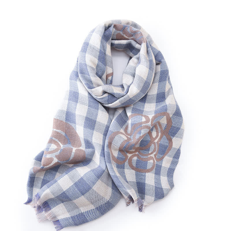 Unisex Large Flower Print Checked Tassel Trim Scarf