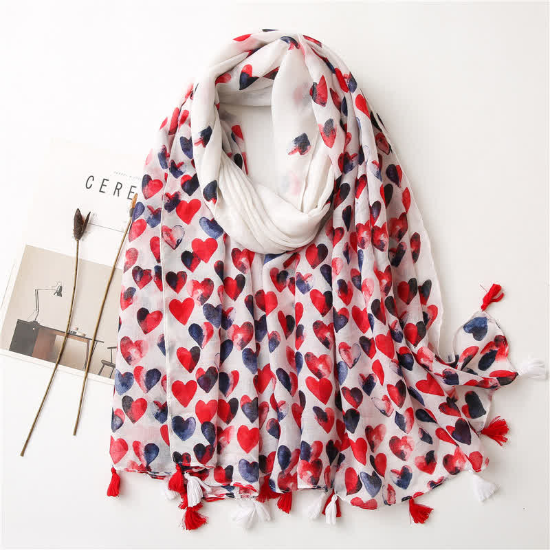 Women's Happiness Red Heart Tassel Thin Scarf - Red - image 0