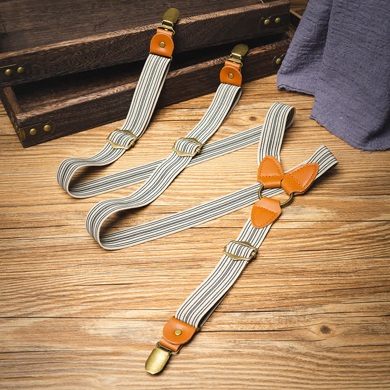 Vintage Light Brown Striped Y-back Elastic Suspenders