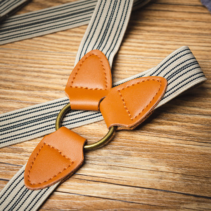 Vintage Light Brown Striped Y-back Elastic Suspenders