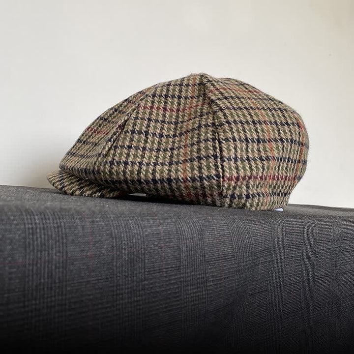 Beige Scottish Plaid Tweed Newsboy Beret Cap