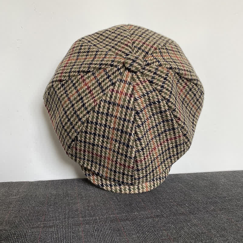 Beige Scottish Plaid Tweed Newsboy Beret Cap