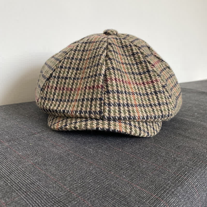 Beige Scottish Plaid Tweed Newsboy Beret Cap