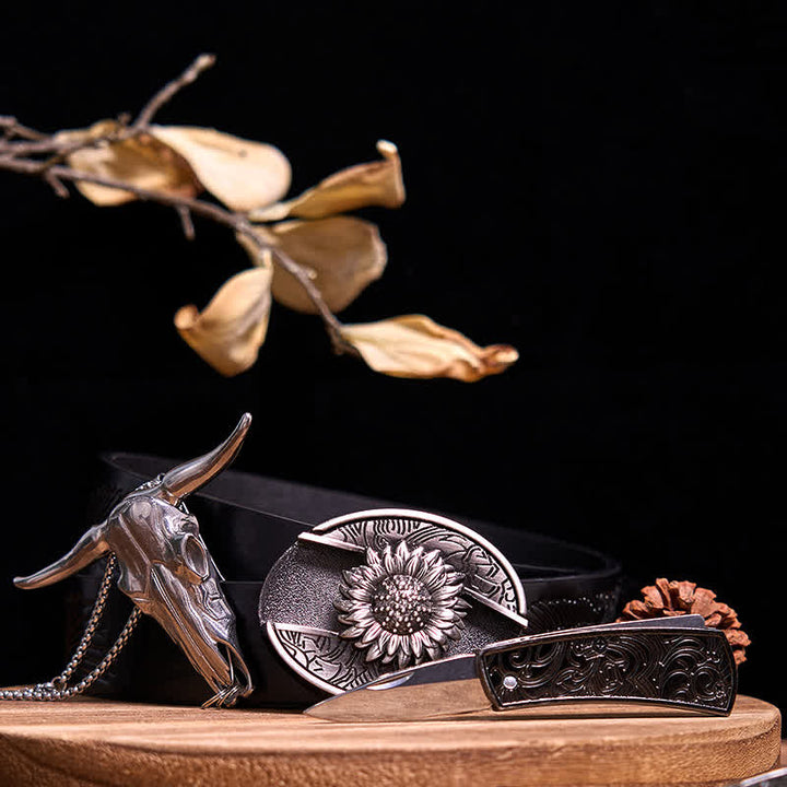 Western Gadget DIY Hidden Knife Buckle Longhorn Bull Pendant Bundle Set  - Sunflower - Black Embossed Eagle Belt - 40 - image 3