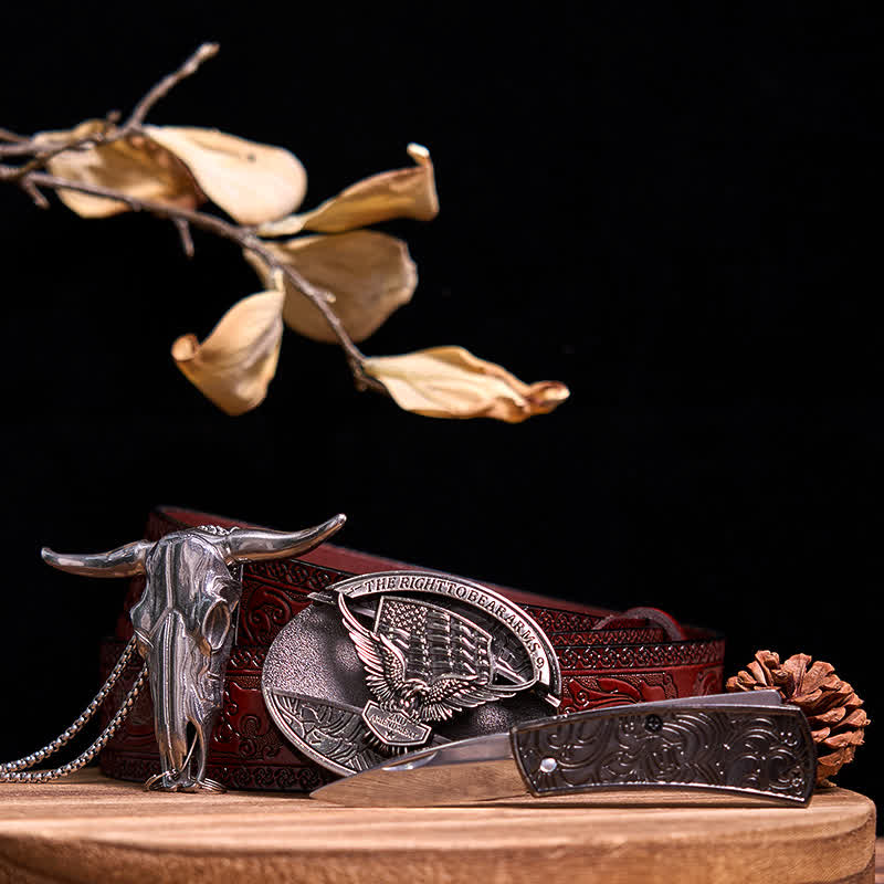Western Gadget DIY Hidden Knife Buckle Longhorn Bull Pendant Bundle Set  - Eagle - Brown Carved Belt - 40 - image 31