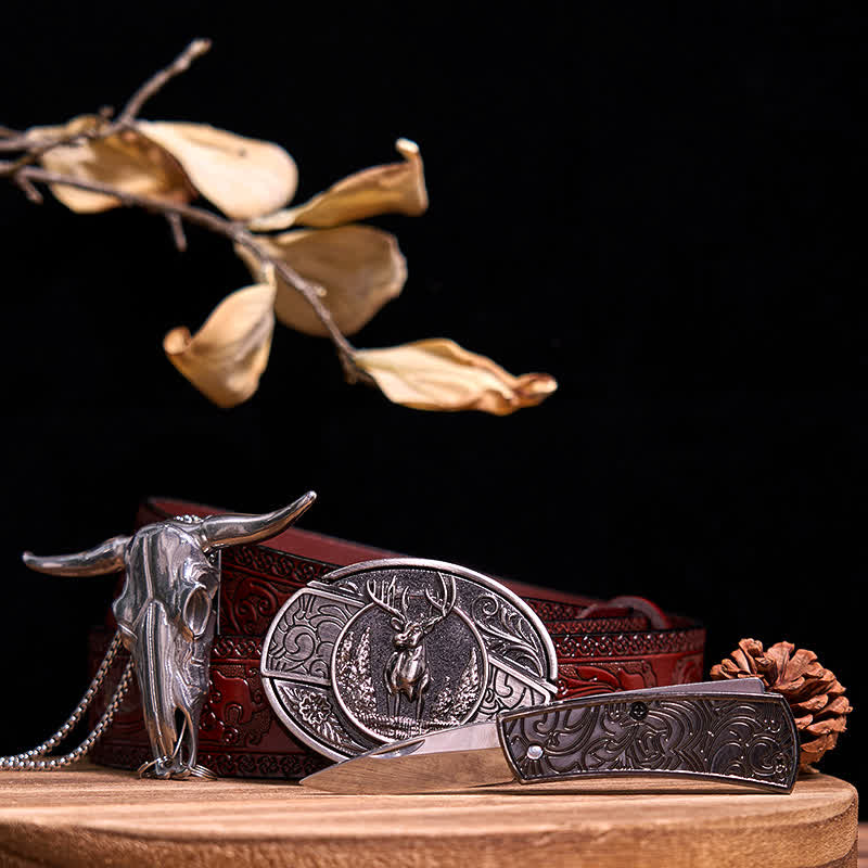 Western Gadget DIY Hidden Knife Buckle Longhorn Bull Pendant Bundle Set  - Deer - Brown Carved Belt - 40 - image 19