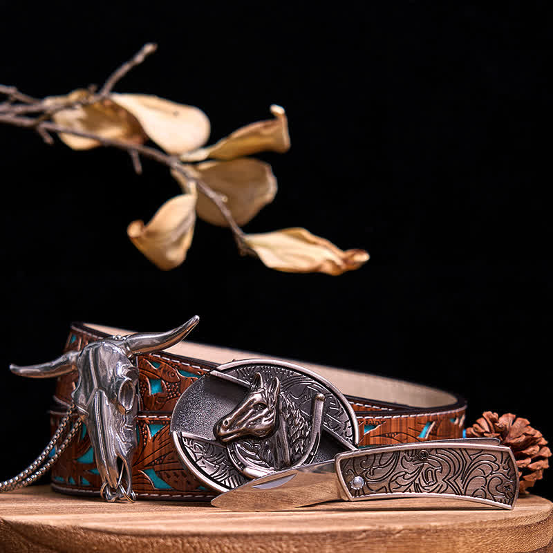 Western Gadget DIY Hidden Knife Buckle Longhorn Bull Pendant Bundle Set  - Horse - Turquoise Carved Belt - 40 - image 40