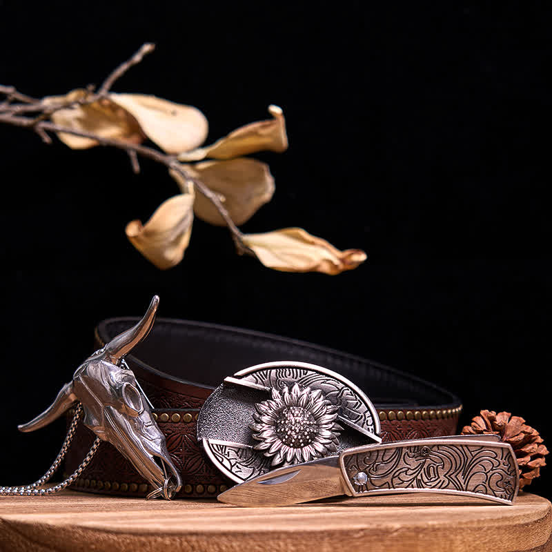 Western Gadget DIY Hidden Knife Buckle Longhorn Bull Pendant Bundle Set  - Sunflower - Brown Rivet Belt - 40 - image 5