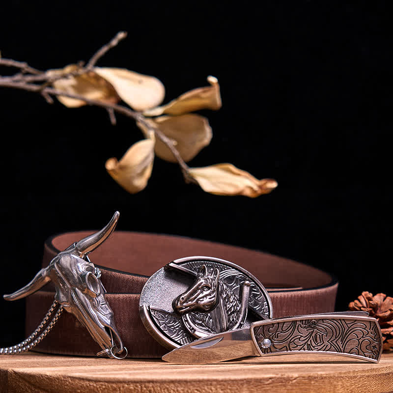 Western Gadget DIY Hidden Knife Buckle Longhorn Bull Pendant Bundle Set  - Horse - Brown Distressed Belt - 40 - image 42