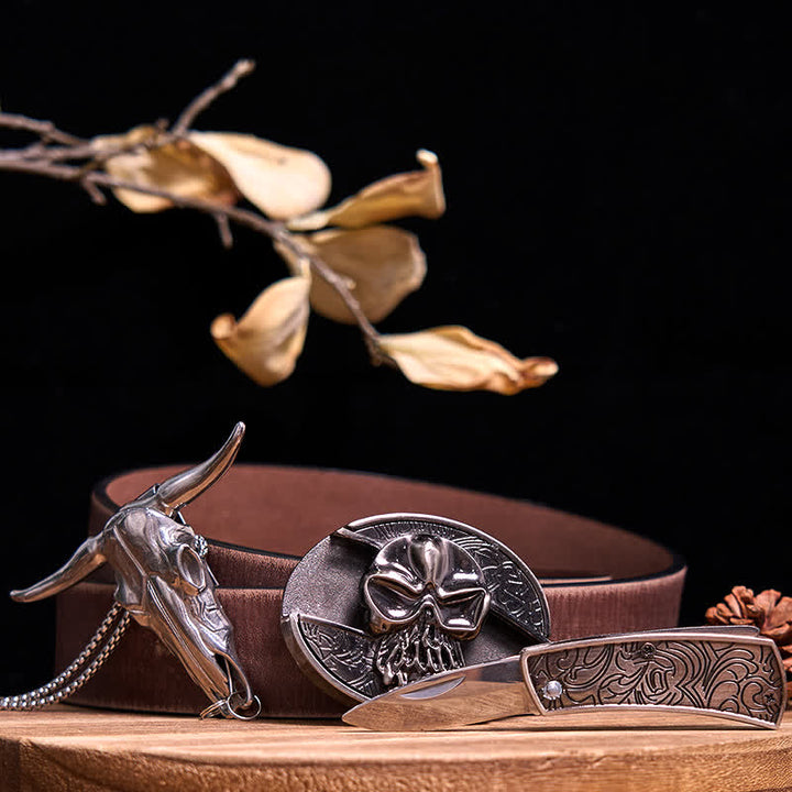 Western Gadget DIY Hidden Knife Buckle Longhorn Bull Pendant Bundle Set  - Skull - Brown Distressed Belt - 40 - image 62
