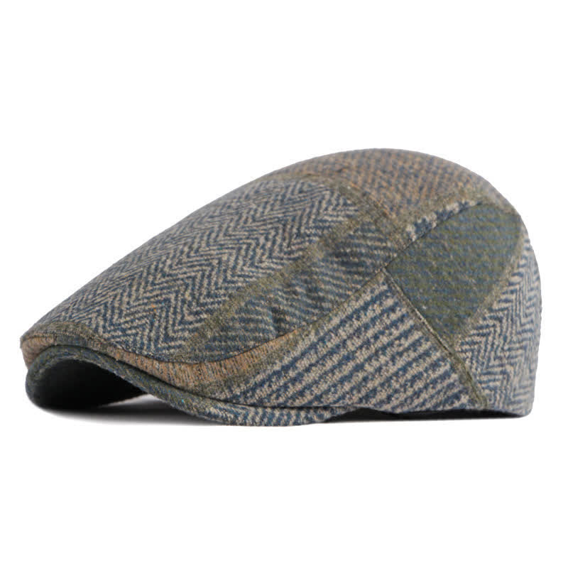 Patchwork Stitching Herringbone Tweed Beret Hat