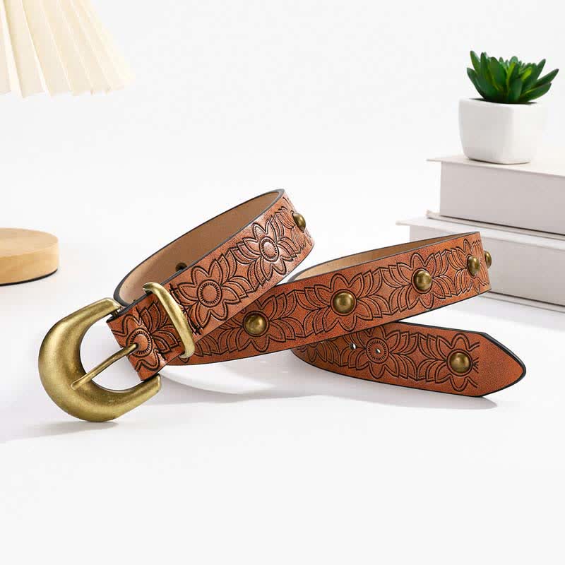 Elegant Flower Printed Bronze Rivet Leather Belt